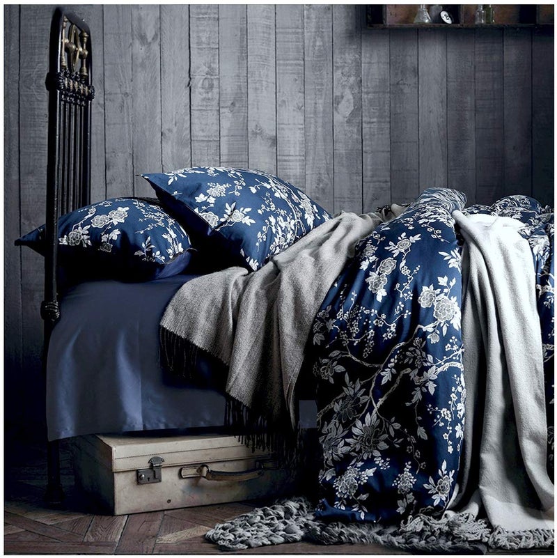 Eikei Eastern Floral Chinoiserie Blossom Print Duvet Quilt Cover Navy Blue Tan White Asian Style Botanical Tree Branches Ornamental Drawing 400TC Egyptian Cotton 3pc Bedding Set (King) - Image 1